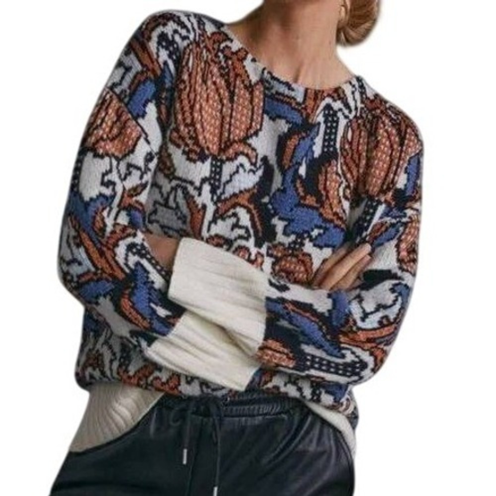 Anthropologie Eris Floral Sweater in Blue Lambswool Cashmere Medium Oversized